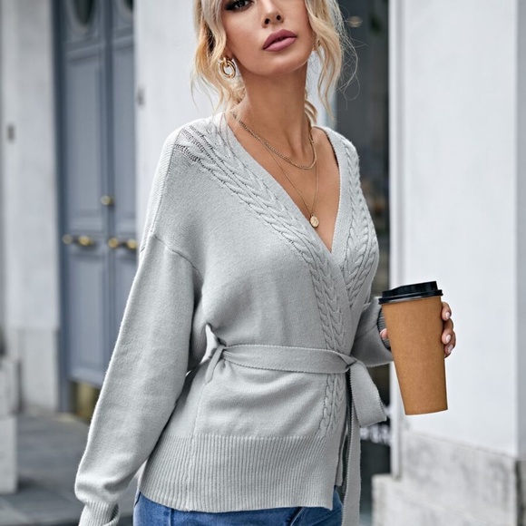 fall  Wrap Cable Knit Belted Cardigan - grEY - Picture 2 of 5
